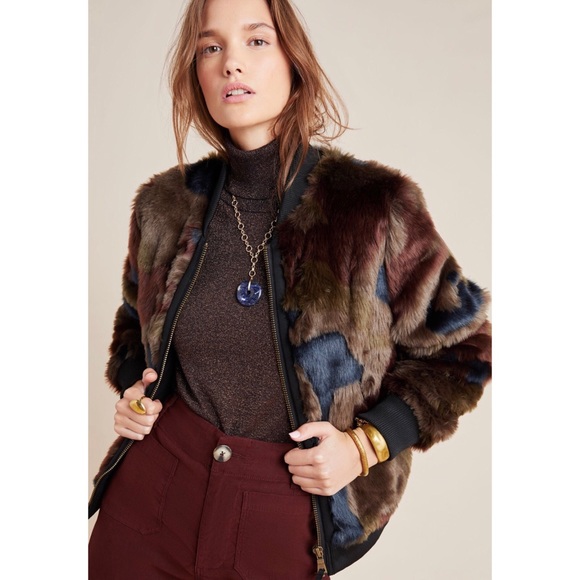 Anthropologie Camo Faux Fur Bomber Jacket New L - Picture 7 of 13